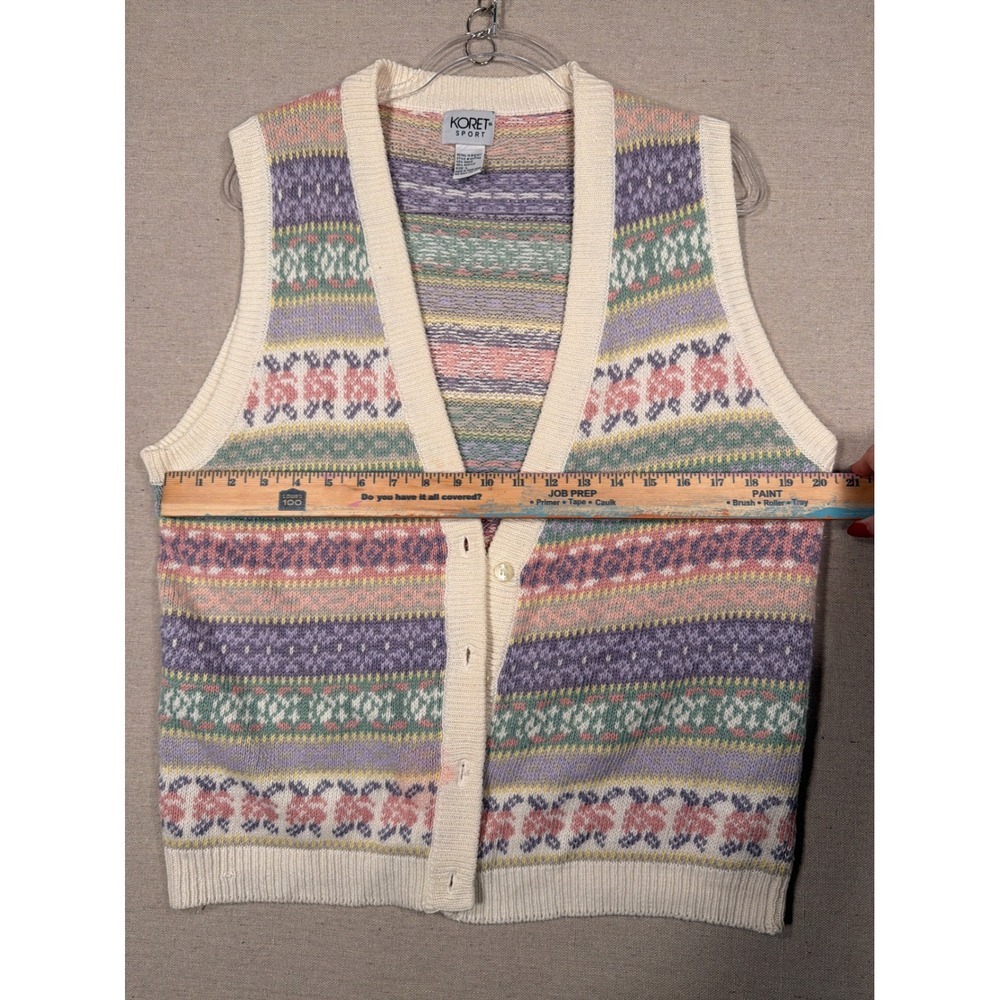 Vintage Koret Sport Pastel Fair Isle Knit Sweater Vest Women Large Button Front - Picture 4 of 7